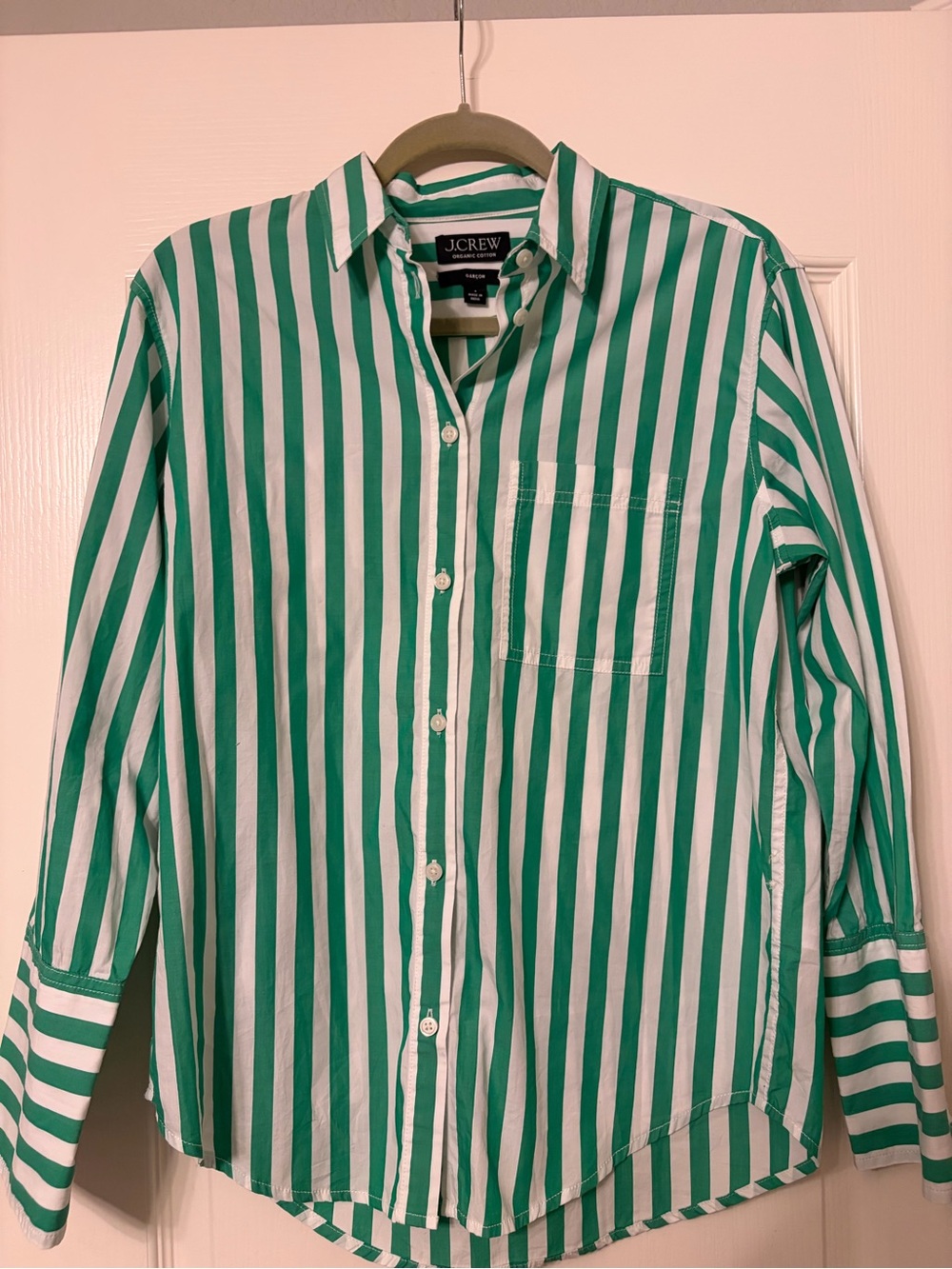 J. Crew women’s Green and White Vertical Stripe Button-Down Shirt